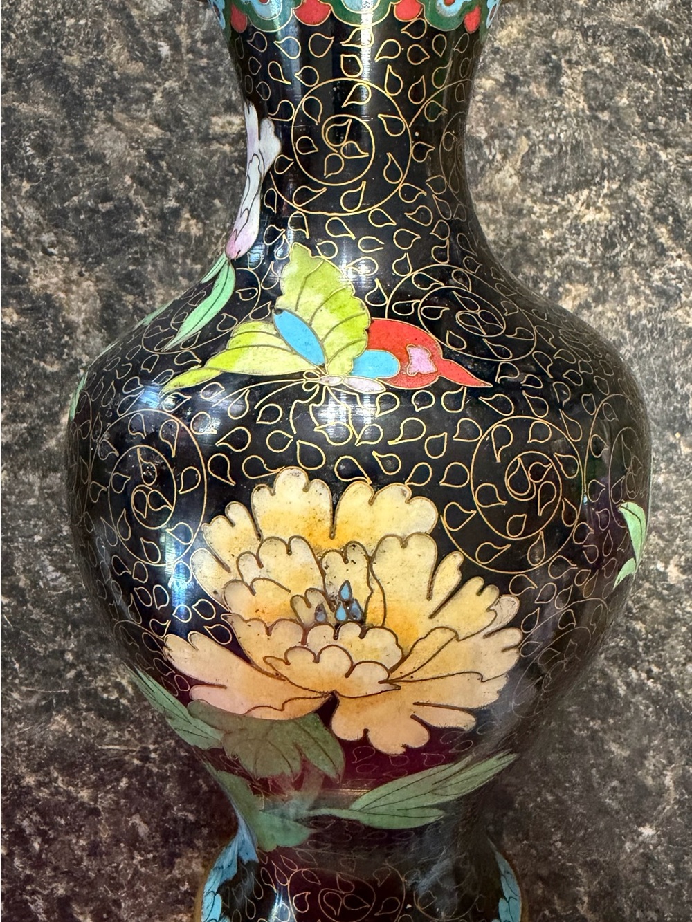 Black Cloisonné Vase with Floral & Butterfly Motif